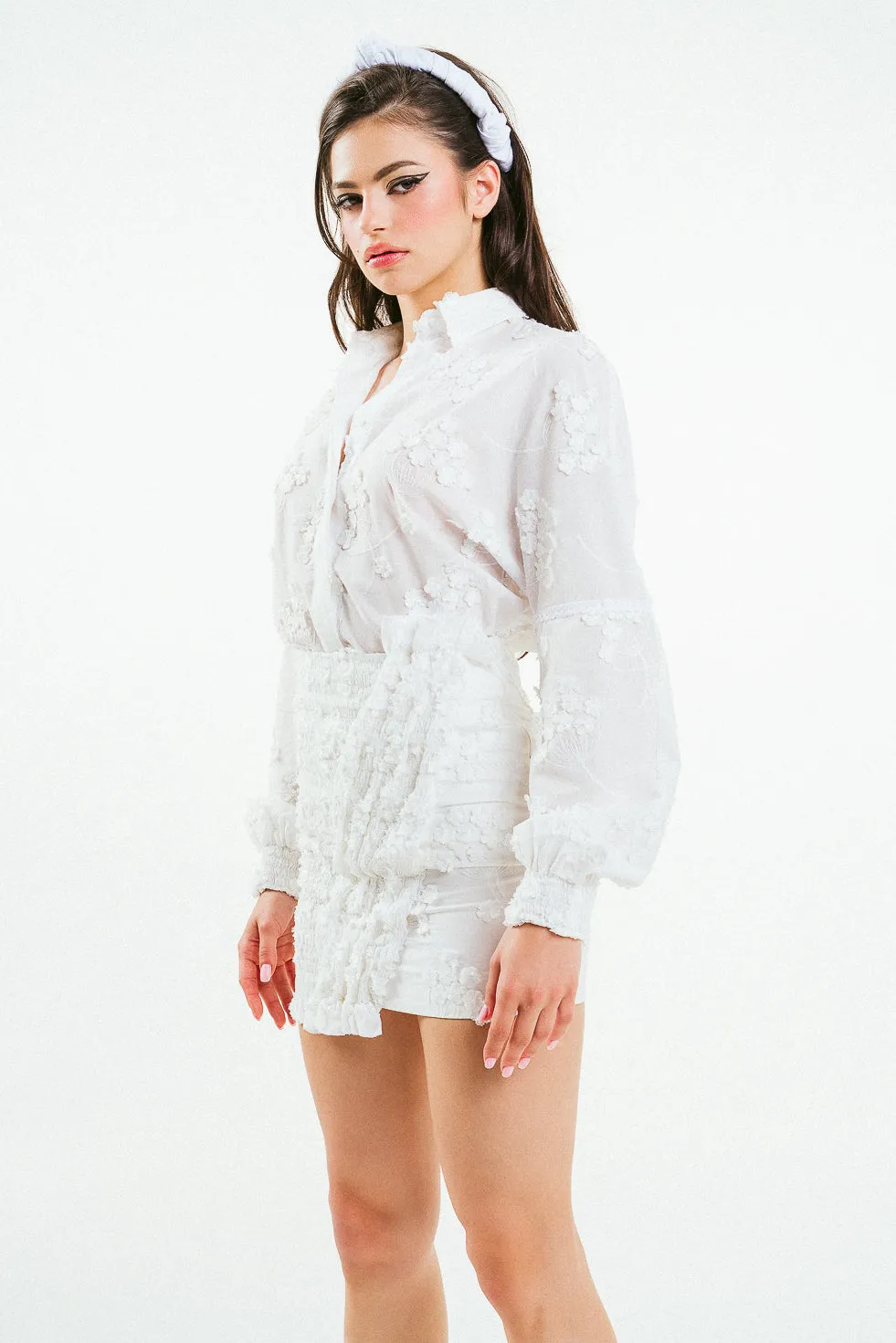 'ADELINE' White 3D Flower Embroidered Cotton Shirt