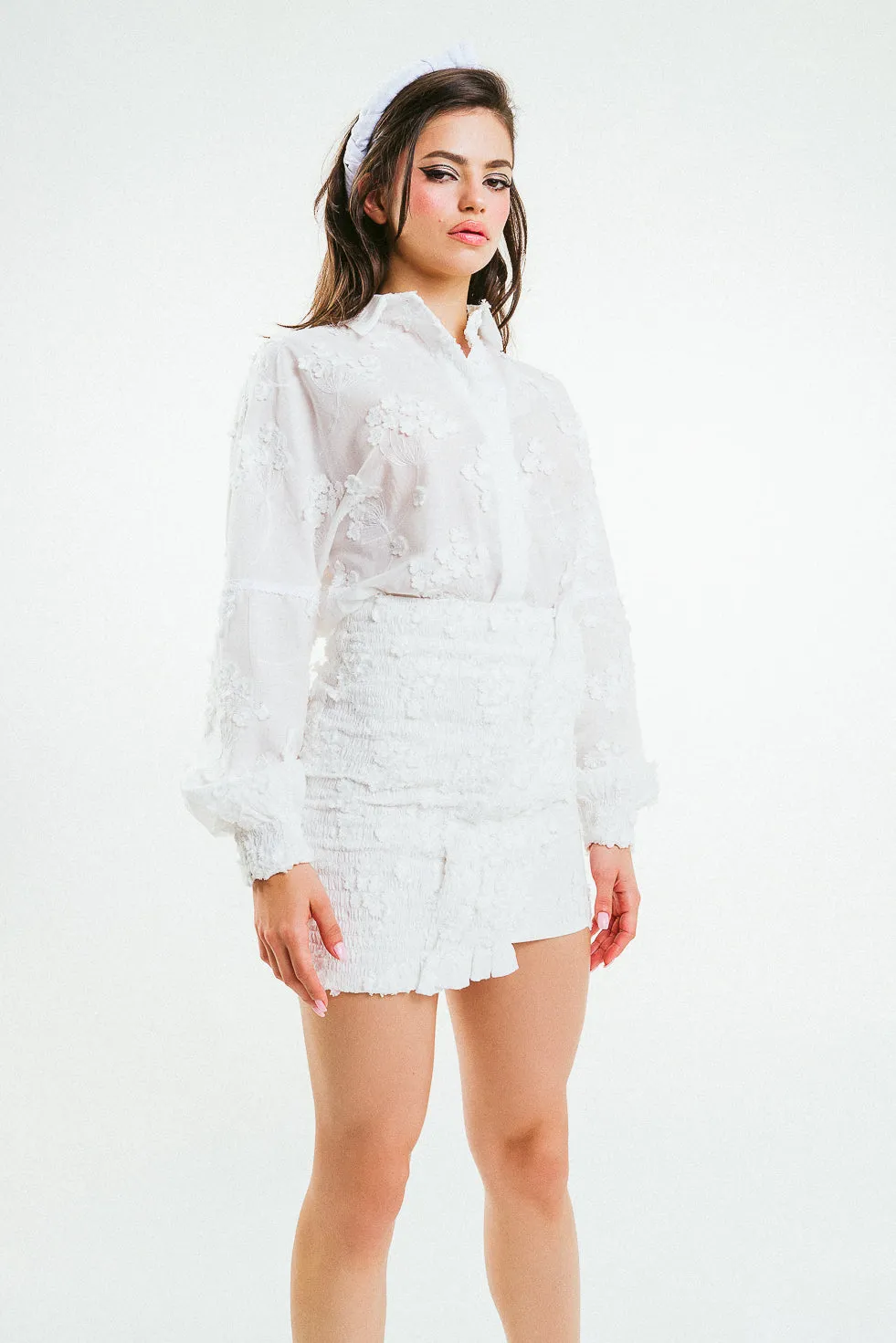'ADELINE' White 3D Flower Embroidered Cotton Shirt