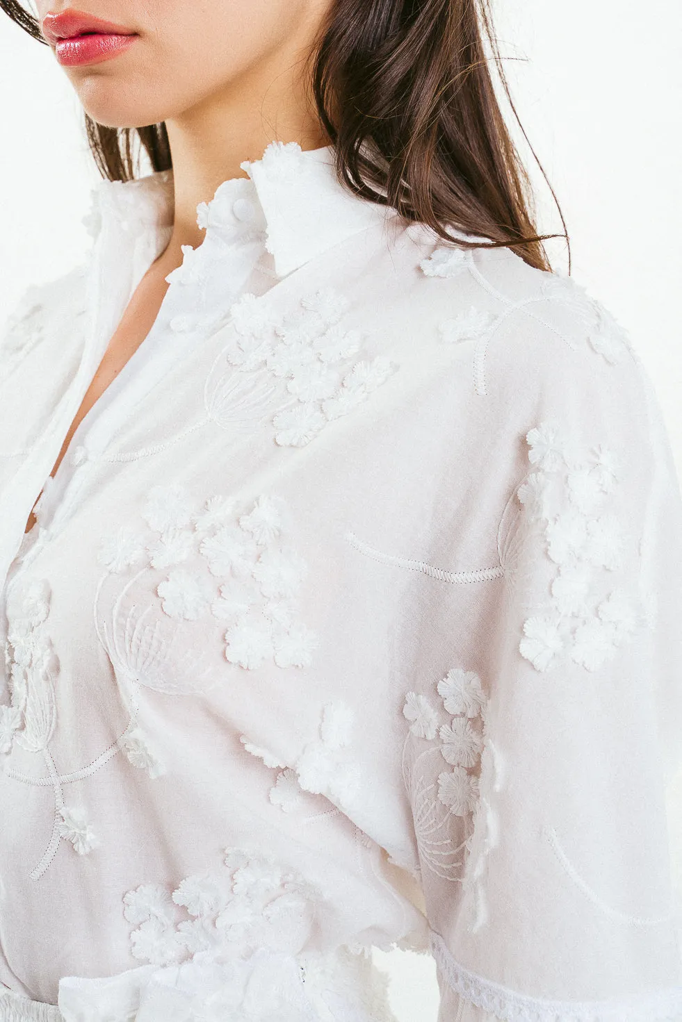 'ADELINE' White 3D Flower Embroidered Cotton Shirt