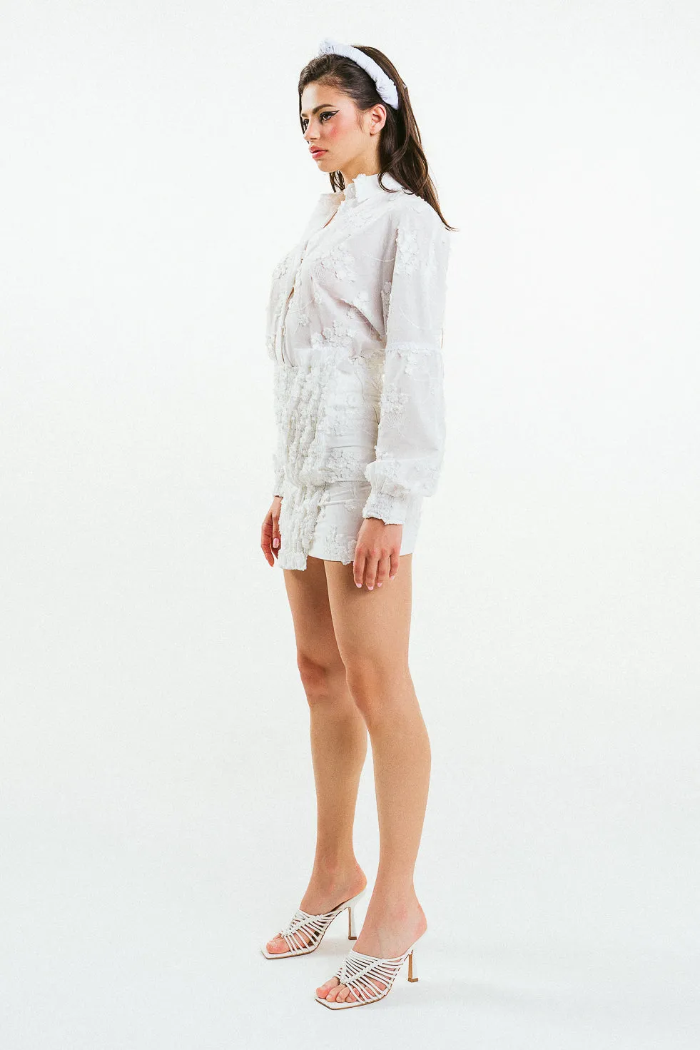 'ADELINE' White 3D Flower Embroidered Cotton Shirt