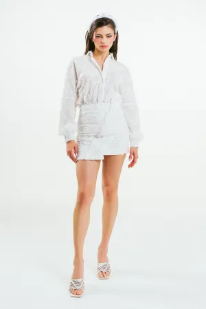 'ADELINE' White 3D Flower Embroidered Cotton Shirt