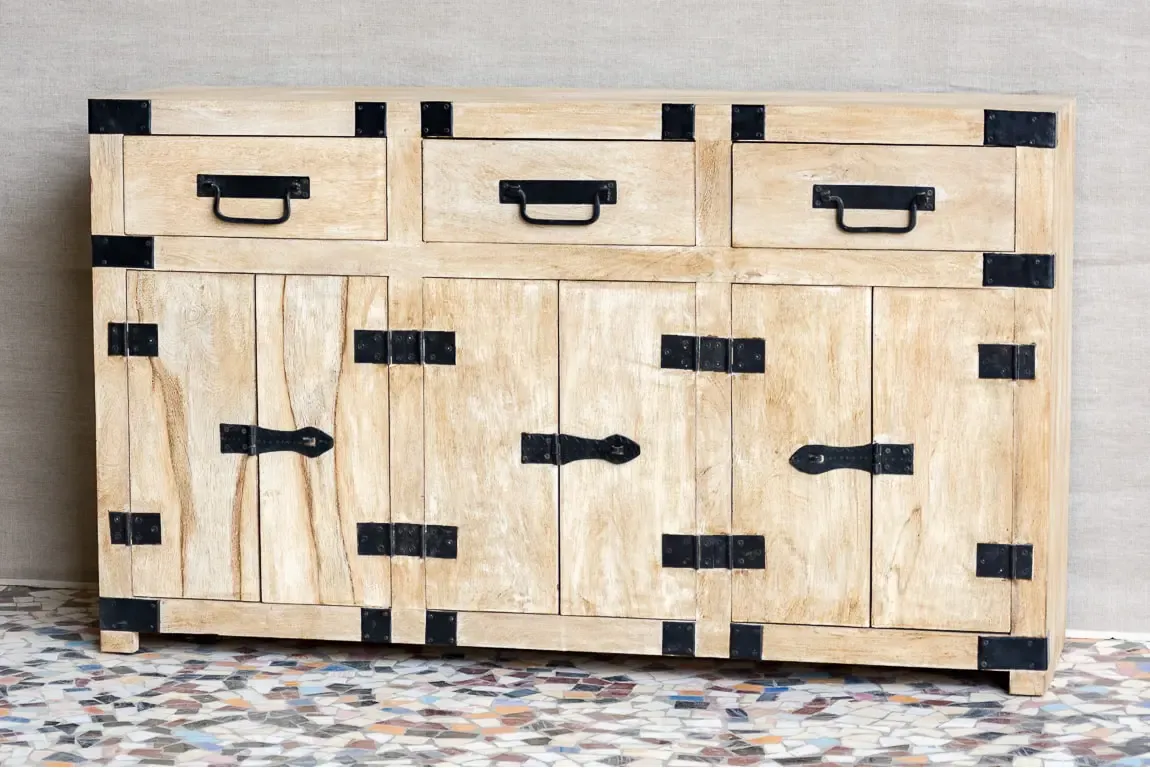 Antique Indian Industrial Hand Lava Solid Wooden Sideboard Whitewash 145x40x86cm A0338