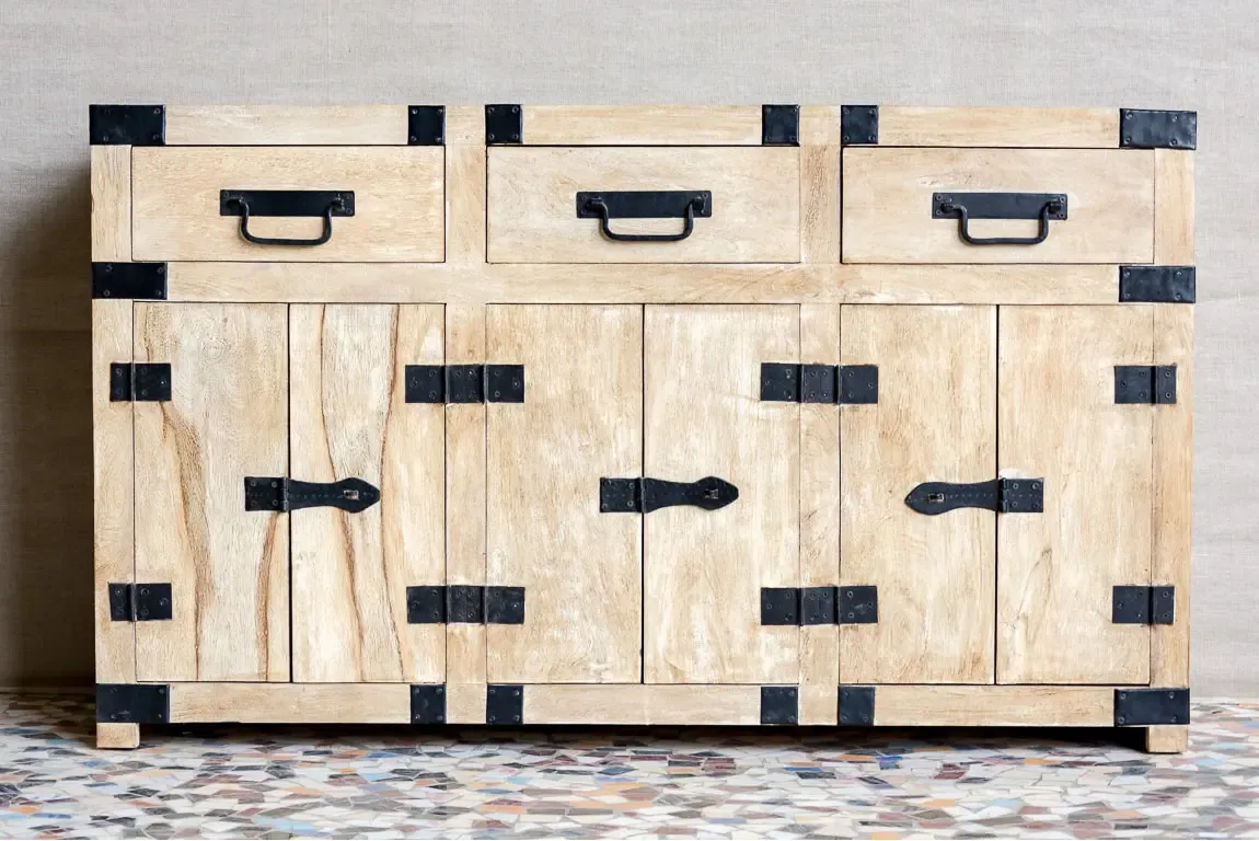 Antique Indian Industrial Hand Lava Solid Wooden Sideboard Whitewash 145x40x86cm A0338