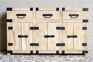 Antique Indian Industrial Hand Lava Solid Wooden Sideboard Whitewash 145x40x86cm A0338