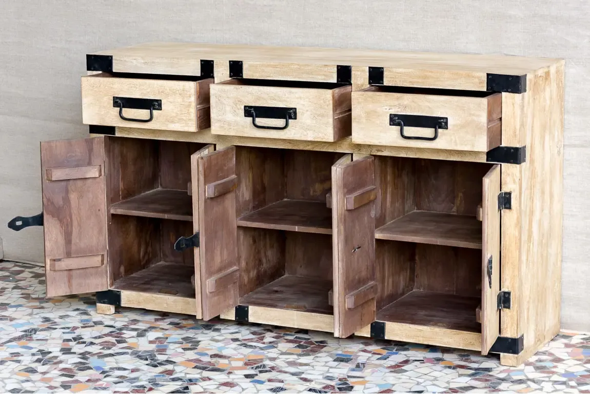 Antique Indian Industrial Hand Lava Solid Wooden Sideboard Whitewash 145x40x86cm A0338