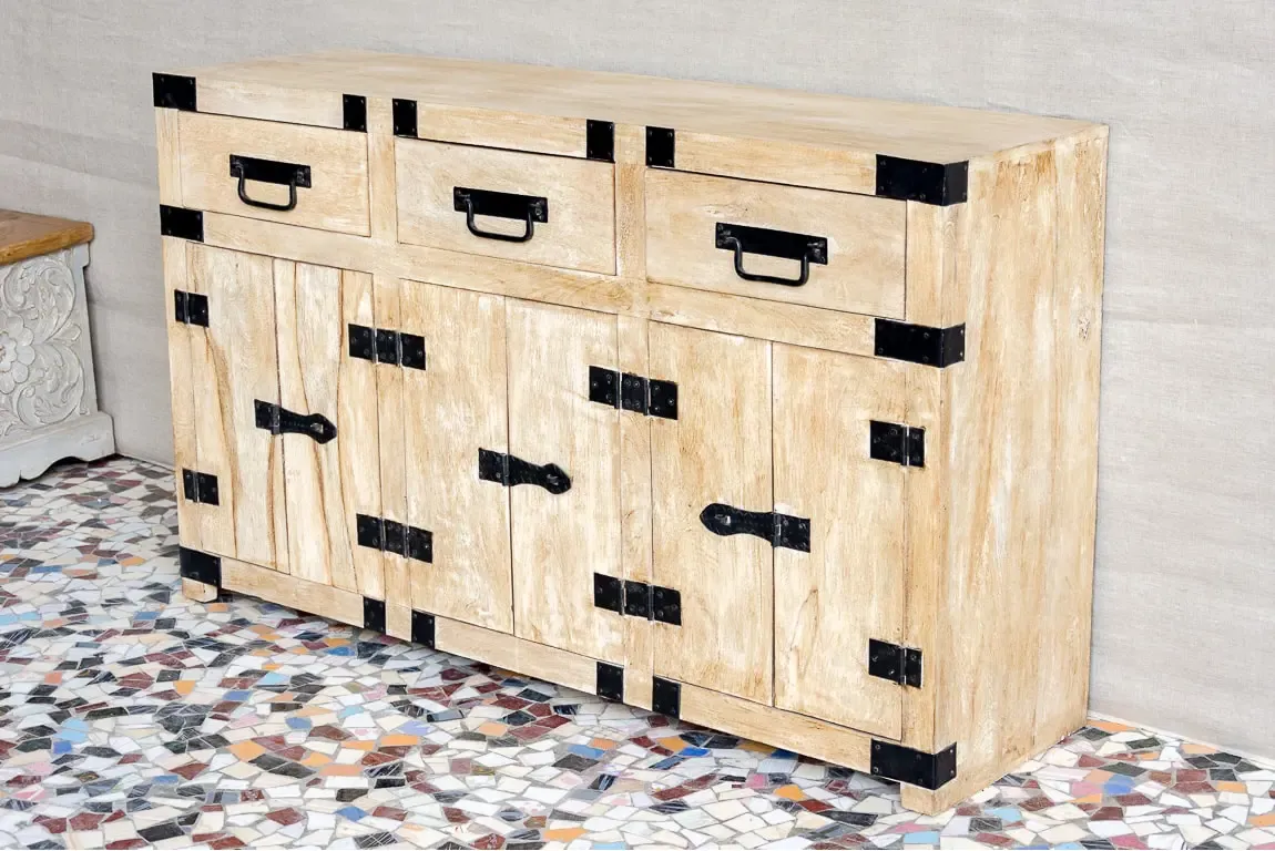 Antique Indian Industrial Hand Lava Solid Wooden Sideboard Whitewash 145x40x86cm A0338