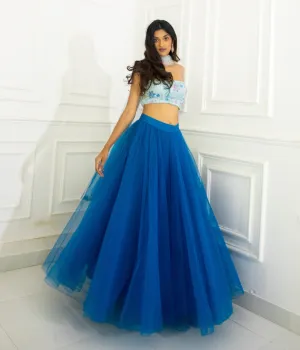 Azure Blue Multi Sequins Blouse with Tulle Skirt and Ombre Dupatta