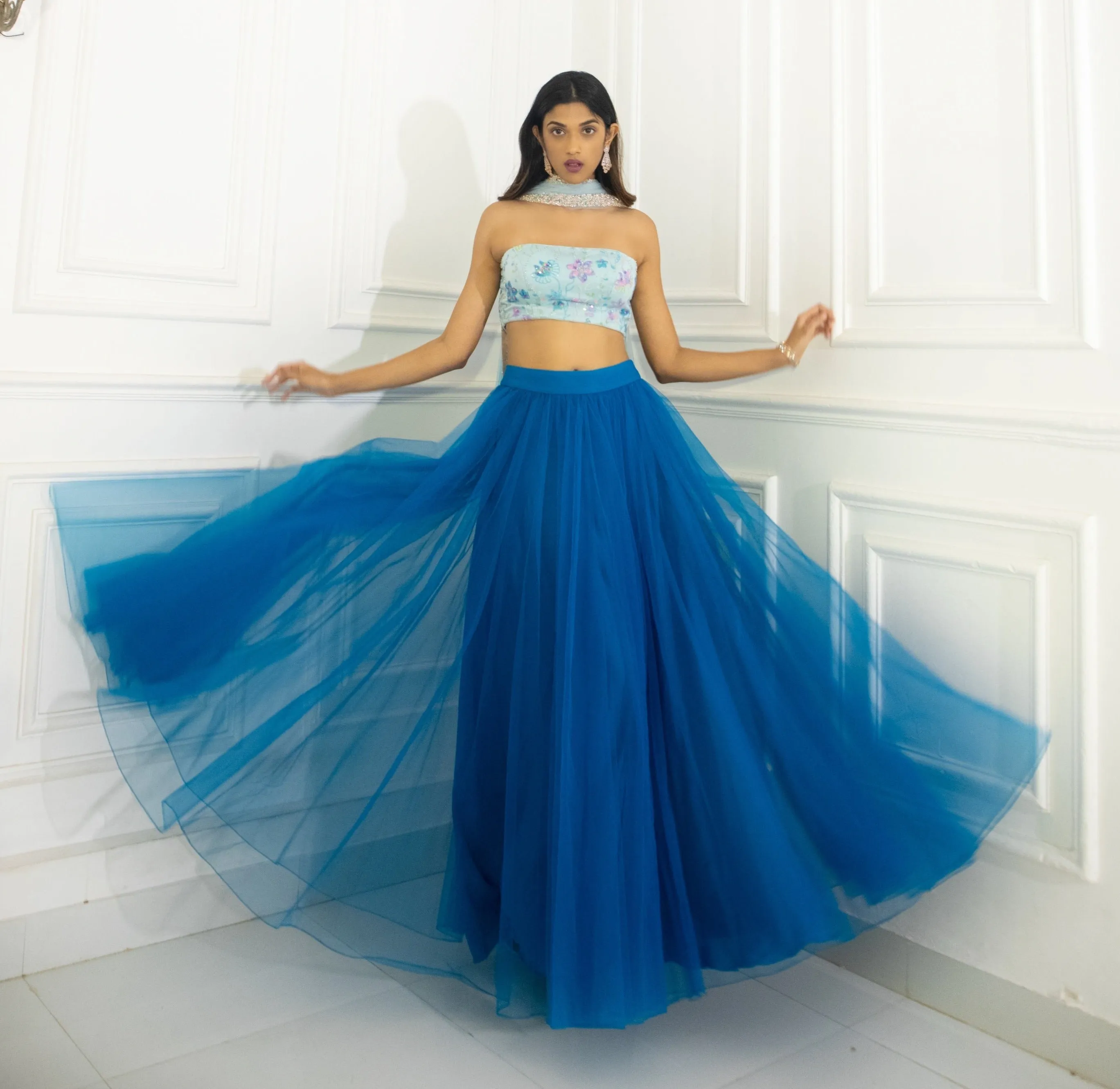 Azure Blue Multi Sequins Blouse with Tulle Skirt and Ombre Dupatta