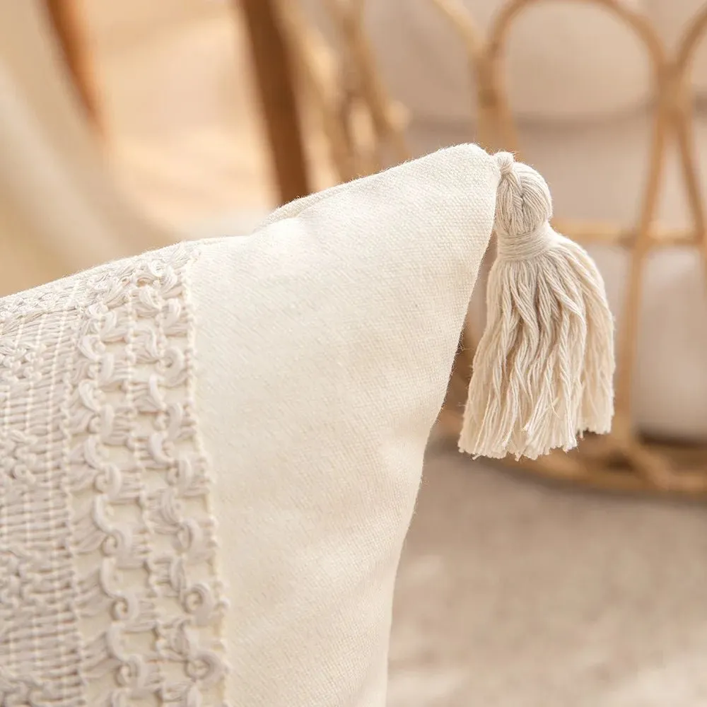 Bohemian Linen Fringed Throw Pillow Cover – Embroidered Decorative Cushion