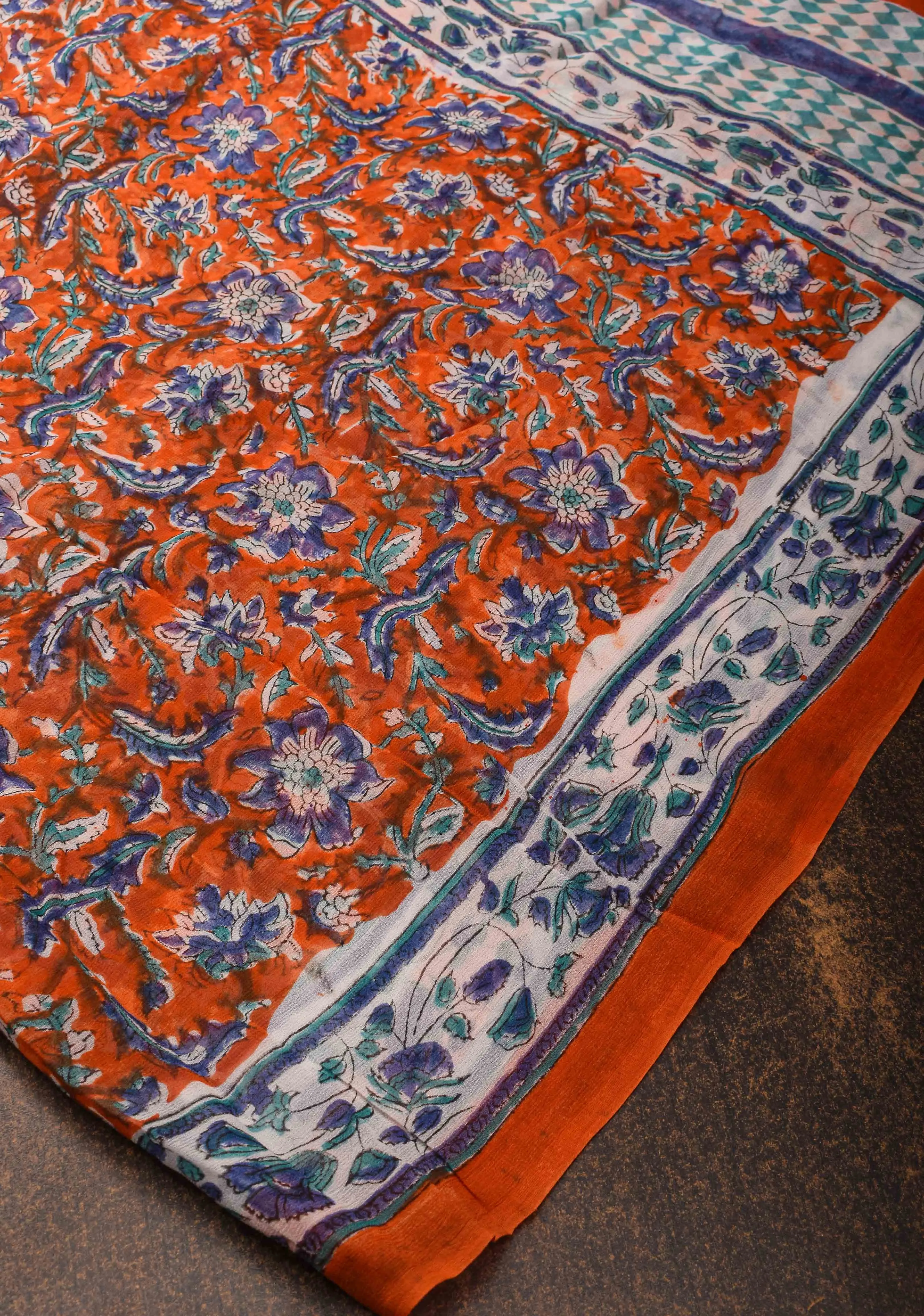 Burnt Orange Georgette Saree with Sanganeri Hand Block Print