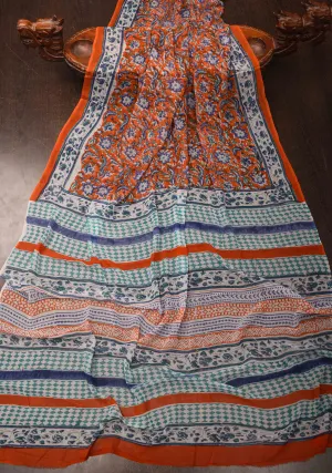 Burnt Orange Georgette Saree with Sanganeri Hand Block Print