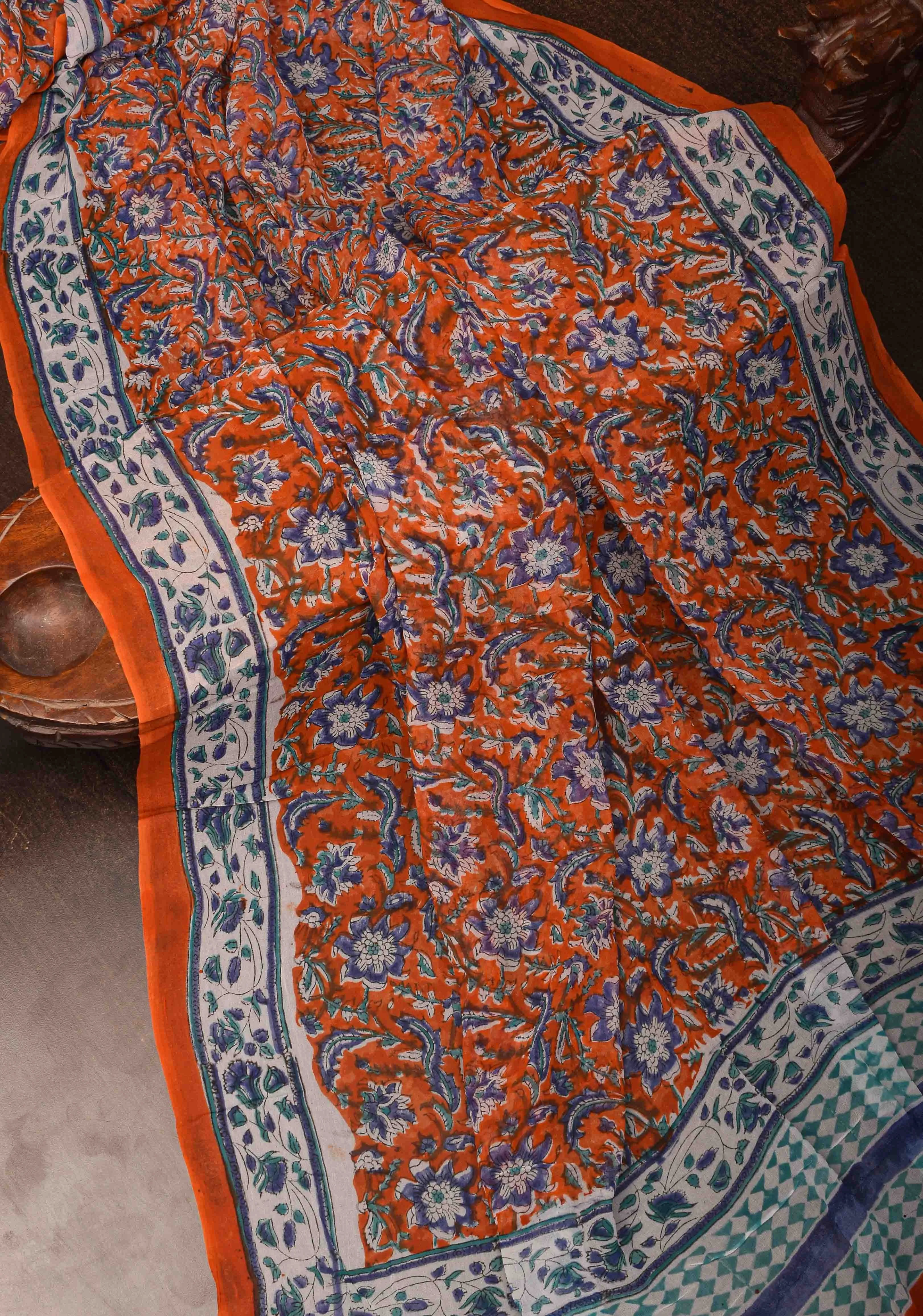 Burnt Orange Georgette Saree with Sanganeri Hand Block Print