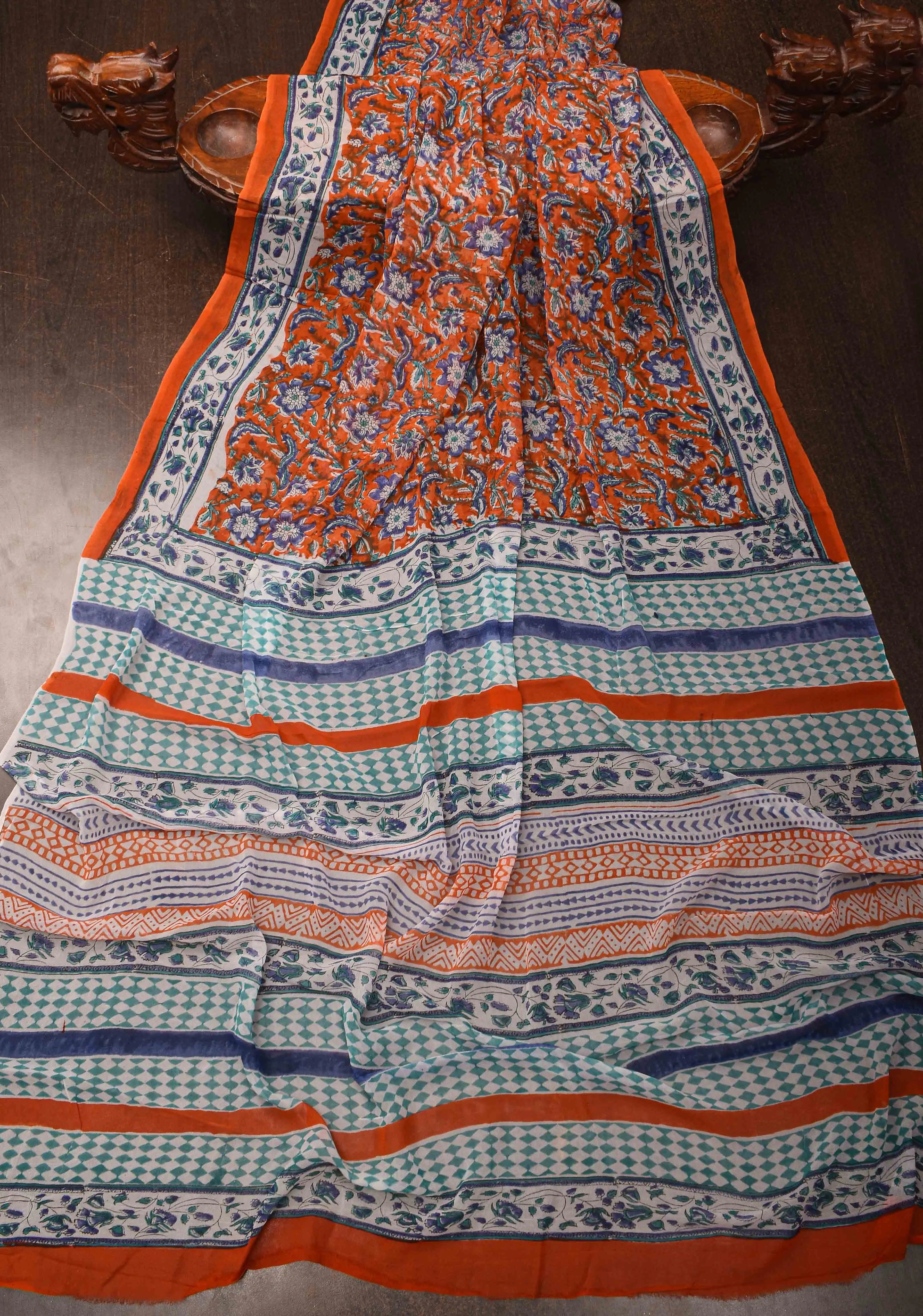 Burnt Orange Georgette Saree with Sanganeri Hand Block Print