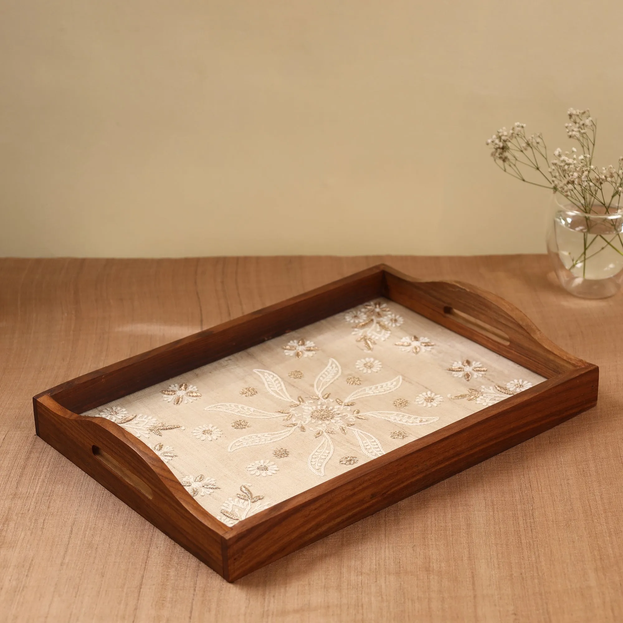 Chikankari Zari Hand Embroidered Sheesham Wood Tray