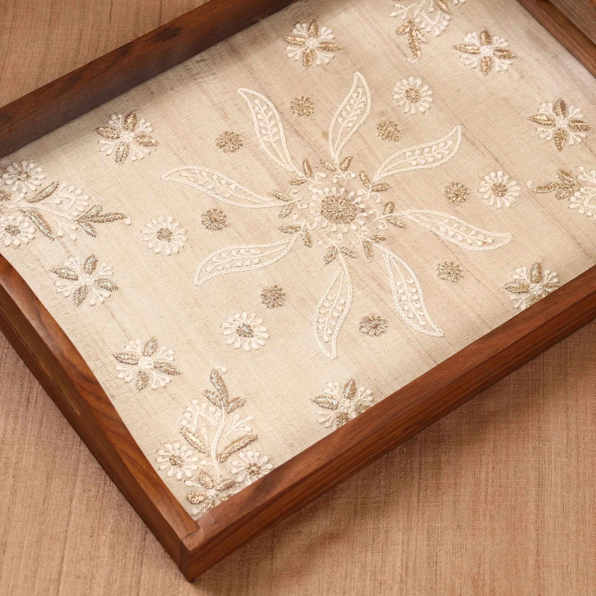 Chikankari Zari Hand Embroidered Sheesham Wood Tray