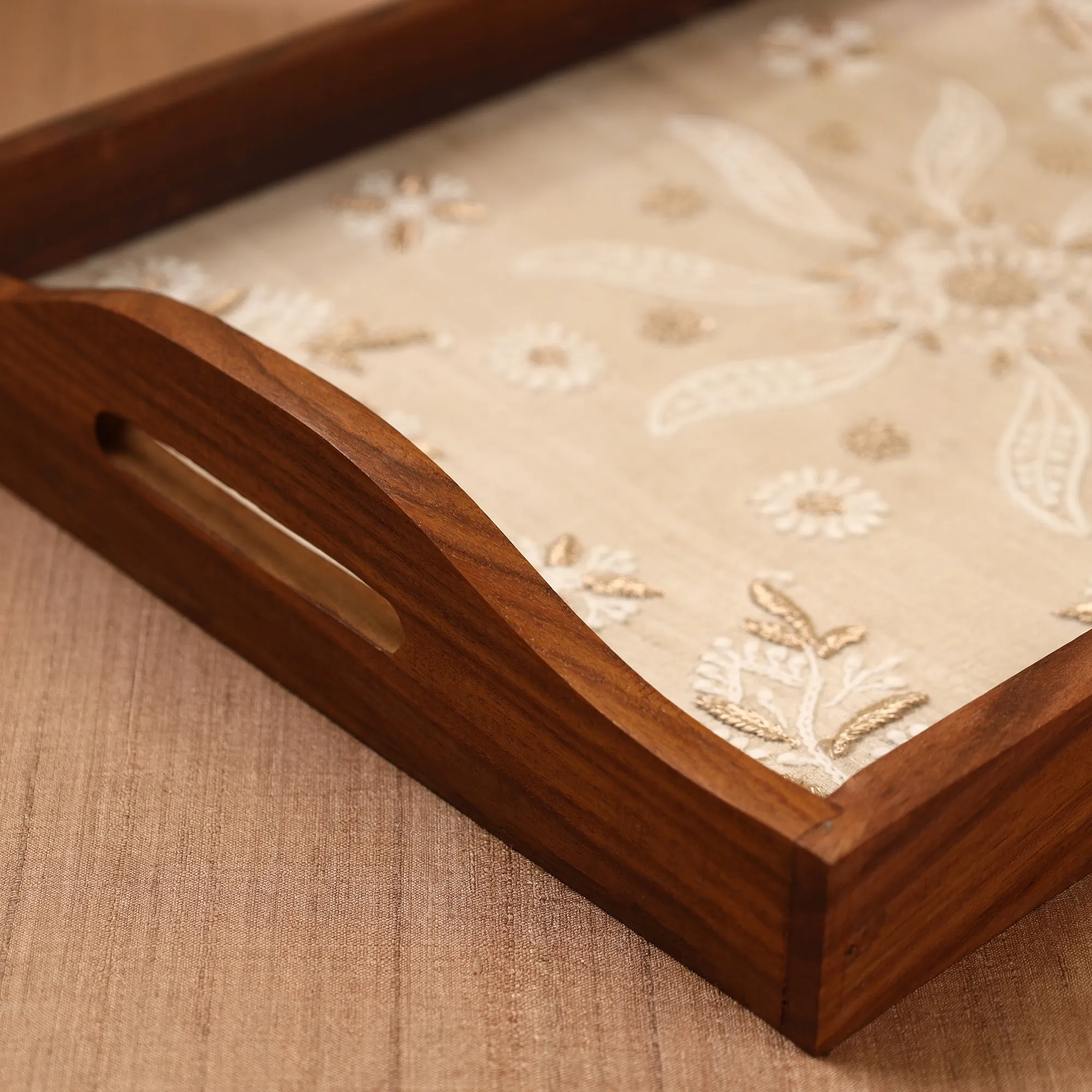 Chikankari Zari Hand Embroidered Sheesham Wood Tray