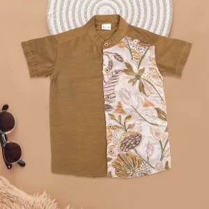 Classic Brown with Botanical Print Boys Ethnic Shirt