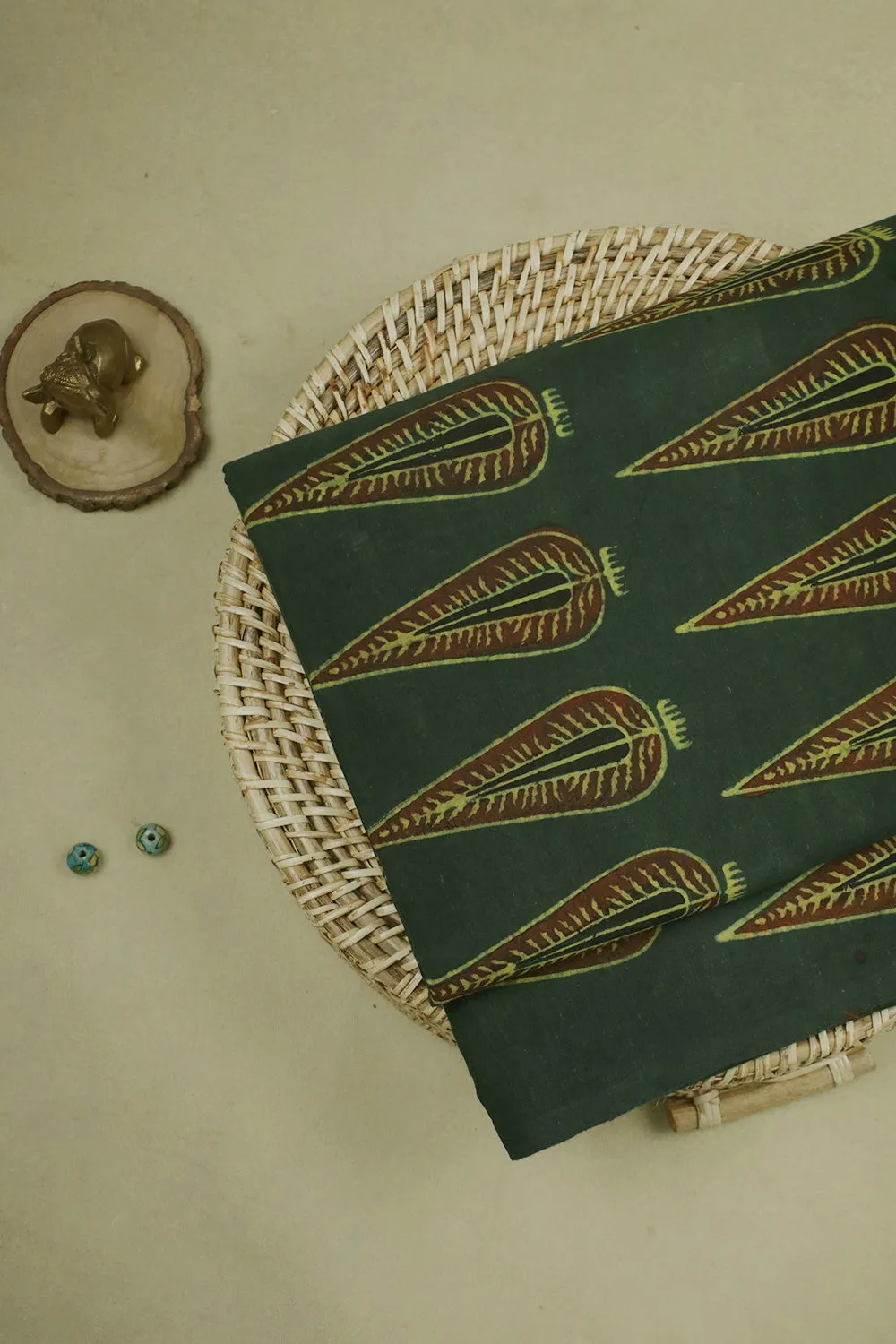 Dark Green Block Printed Ajrak Cotton Fabric - 1.35m