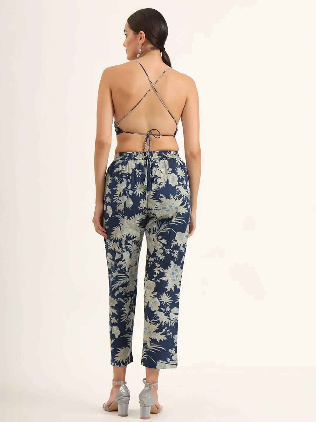Divena Navy Floral Print Pure Cotton Straight Co-ord Set