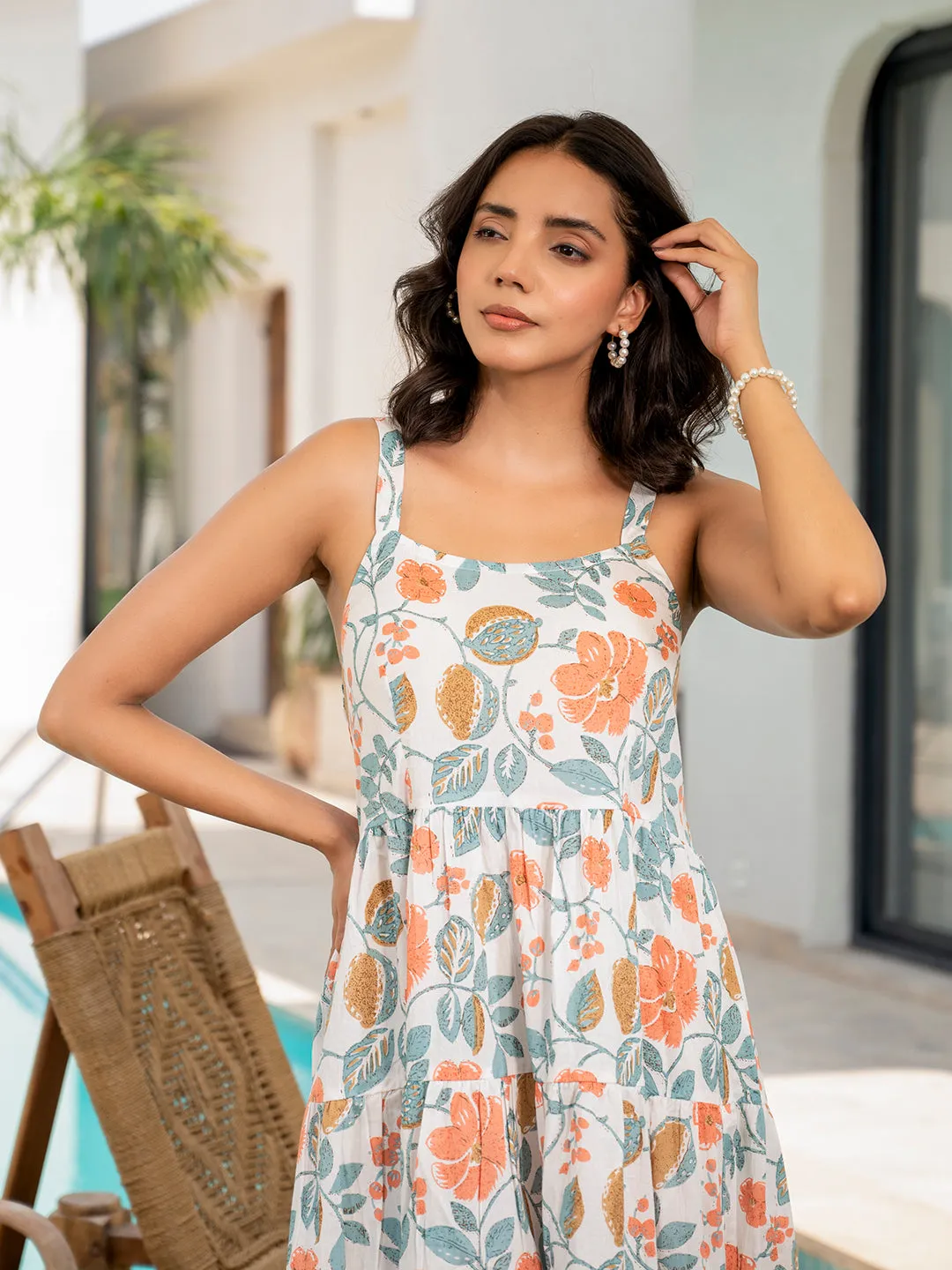Divena White Floral Printed Shoulder Strip Calf Long Dress