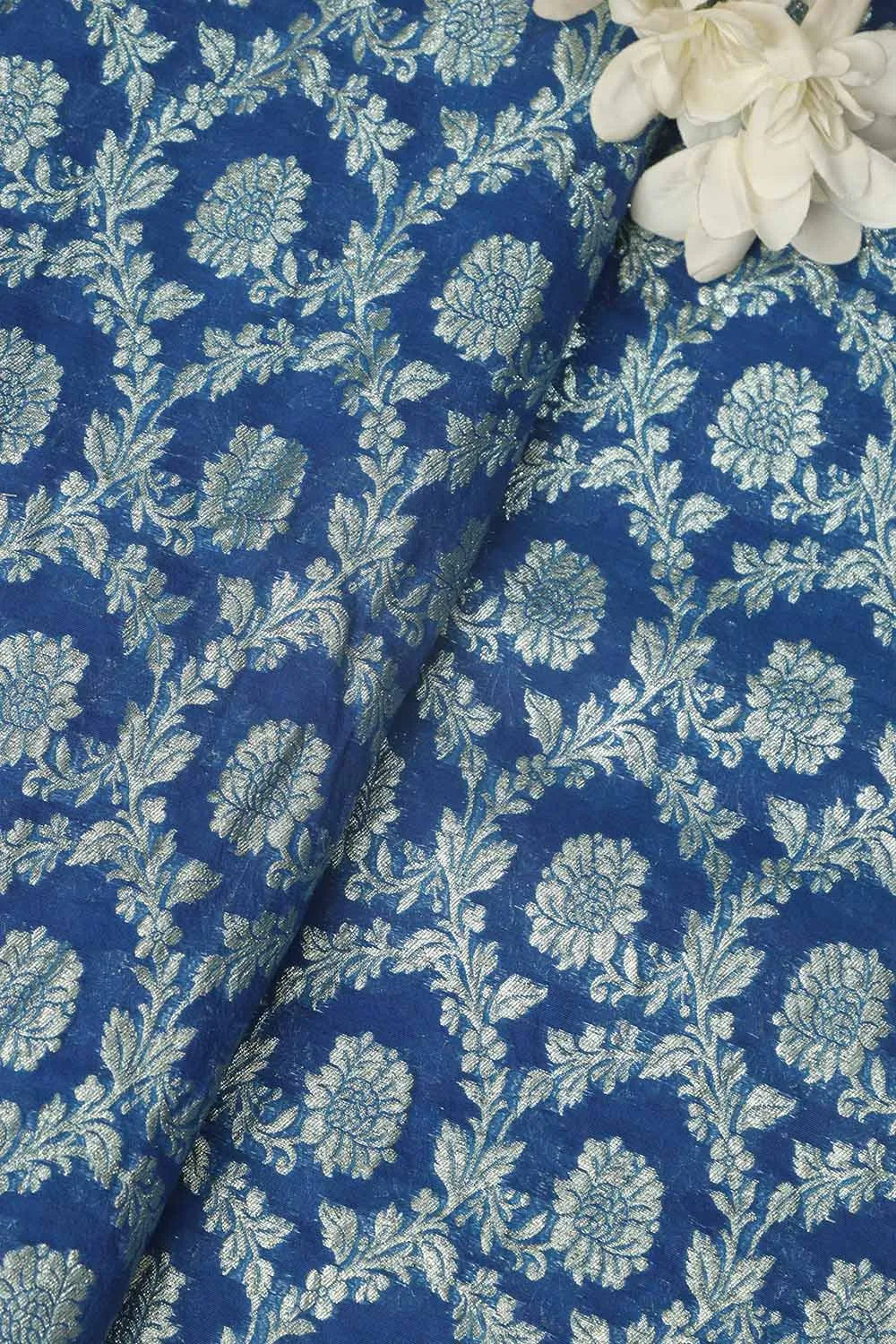 Elegant Blue Banarasi Chanderi Silk Fabric ( 1 Mtr )