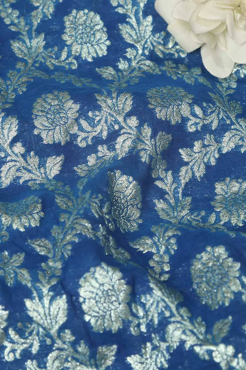 Elegant Blue Banarasi Chanderi Silk Fabric ( 1 Mtr )