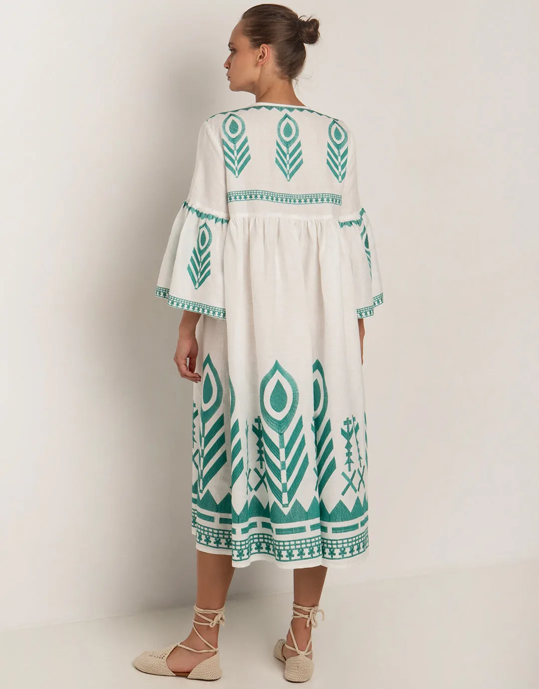 Feathers Bell Sleeve Kaftan - White and Emerald