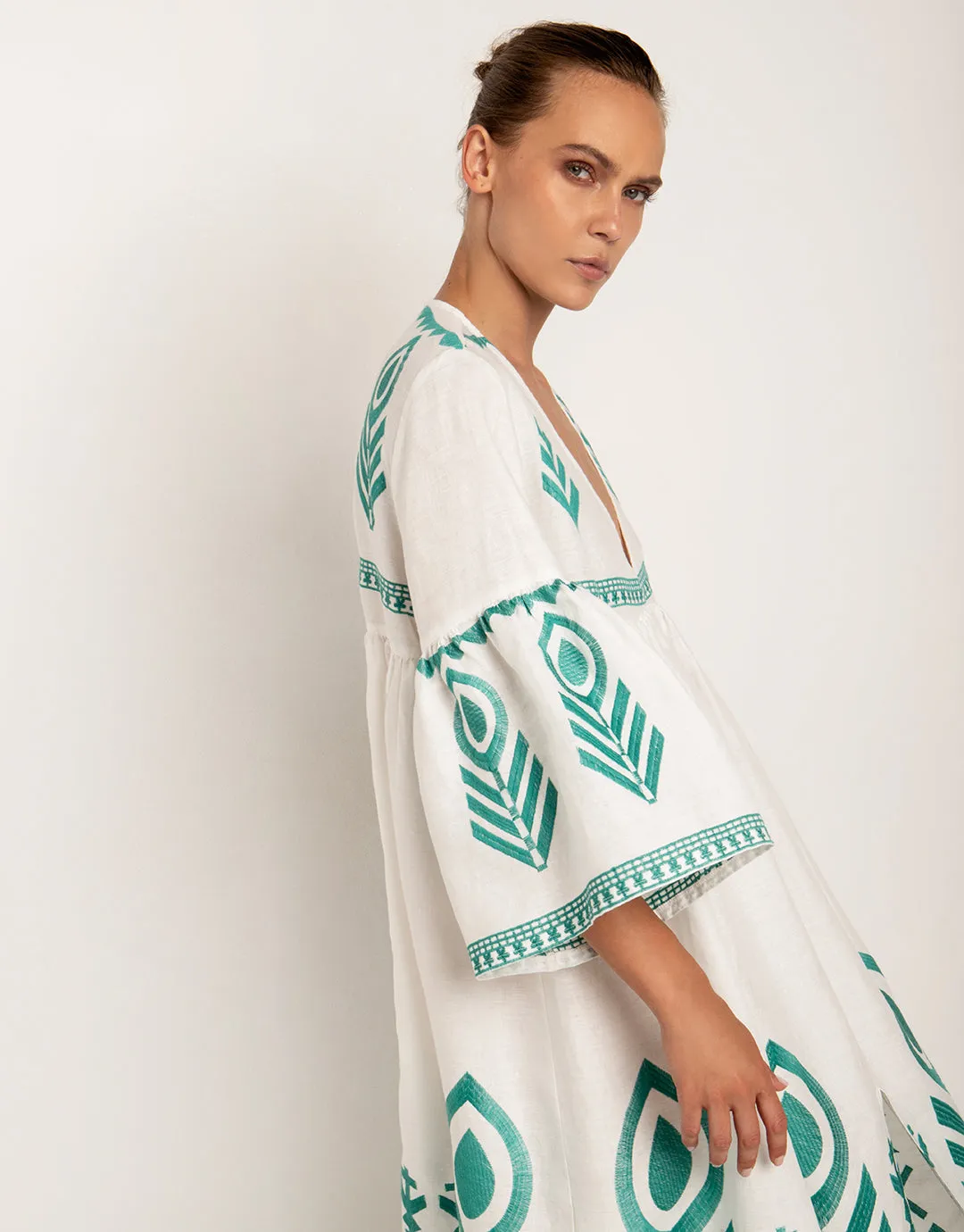 Feathers Bell Sleeve Kaftan - White and Emerald