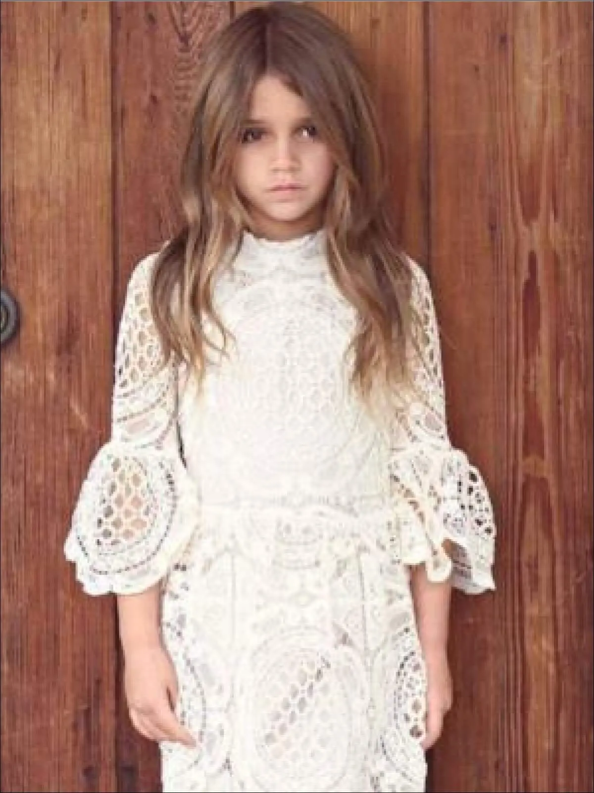 Girls Lace Embroidered Flare Sleeve High Neck Dress