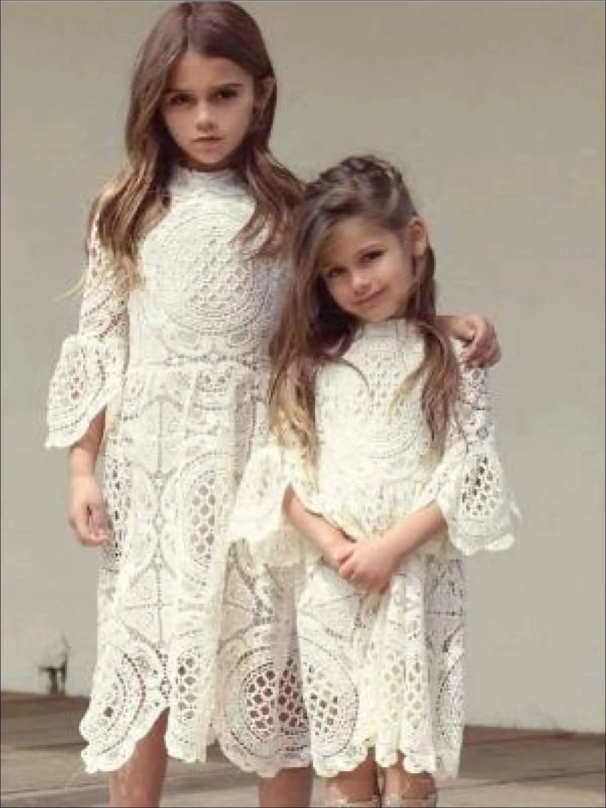 Girls Lace Embroidered Flare Sleeve High Neck Dress