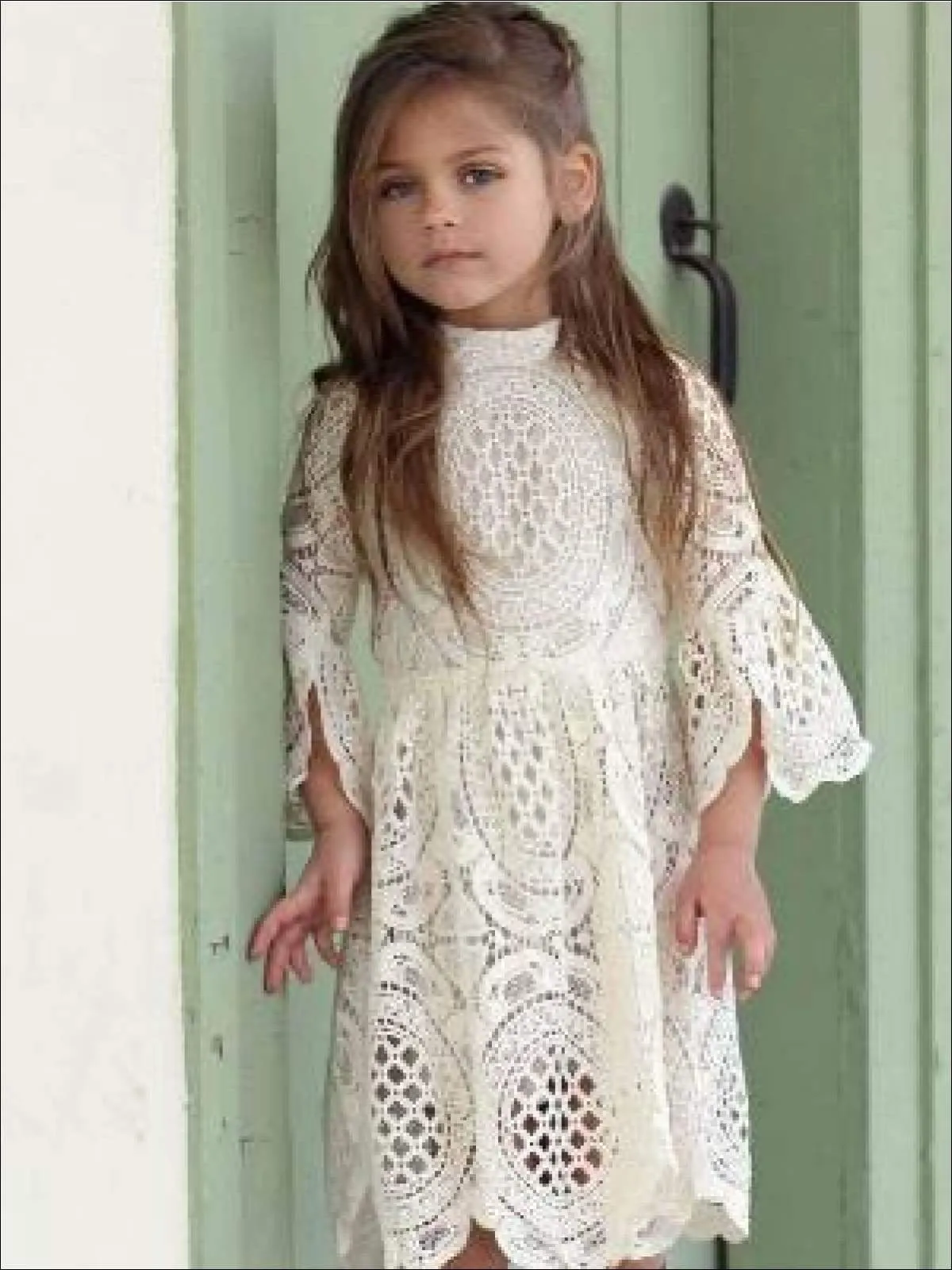 Girls Lace Embroidered Flare Sleeve High Neck Dress