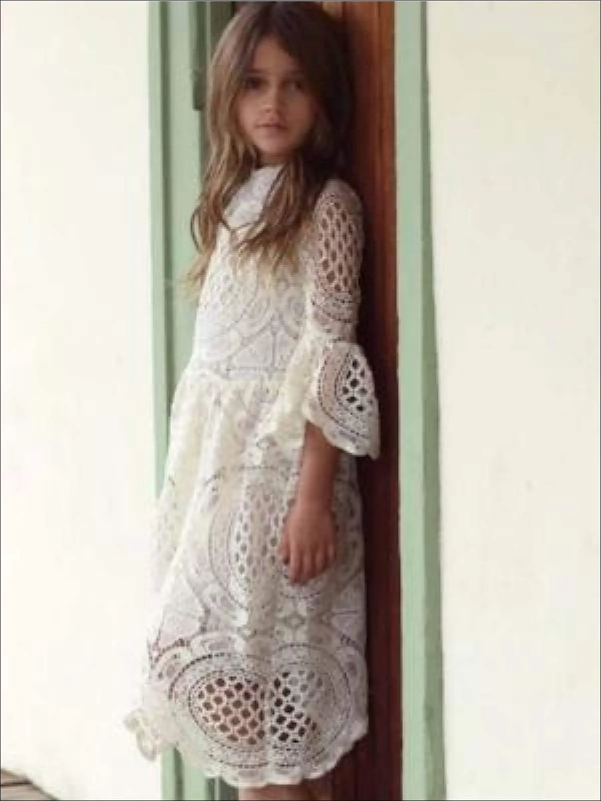Girls Lace Embroidered Flare Sleeve High Neck Dress