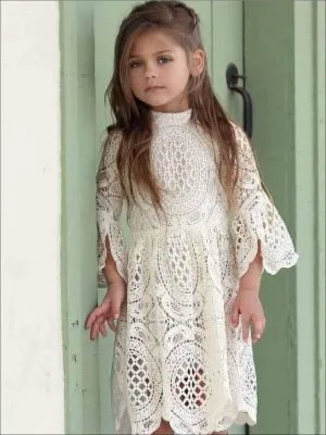 Girls Lace Embroidered Flare Sleeve High Neck Dress