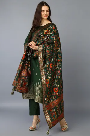 Green Silk Blend Ethnic Motifs Straight Suit Set