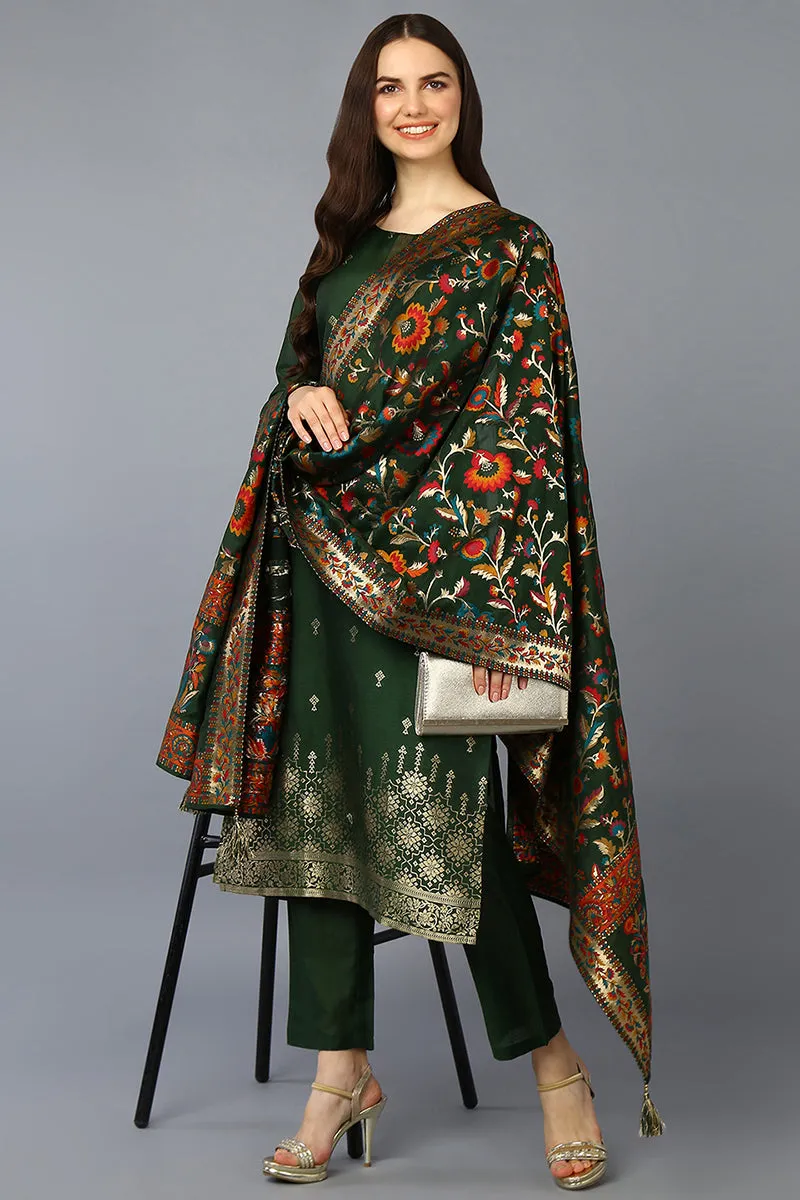 Green Silk Blend Ethnic Motifs Straight Suit Set