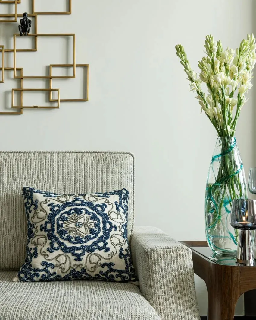 Ivory & Blue Embroidered & Embellished Cushion Cover | 16 x 16 inches