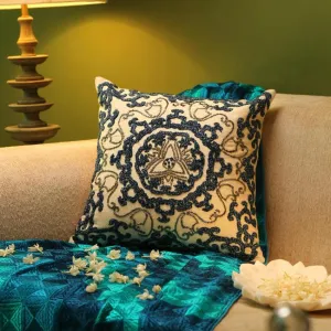 Ivory & Blue Embroidered & Embellished Cushion Cover | 16 x 16 inches