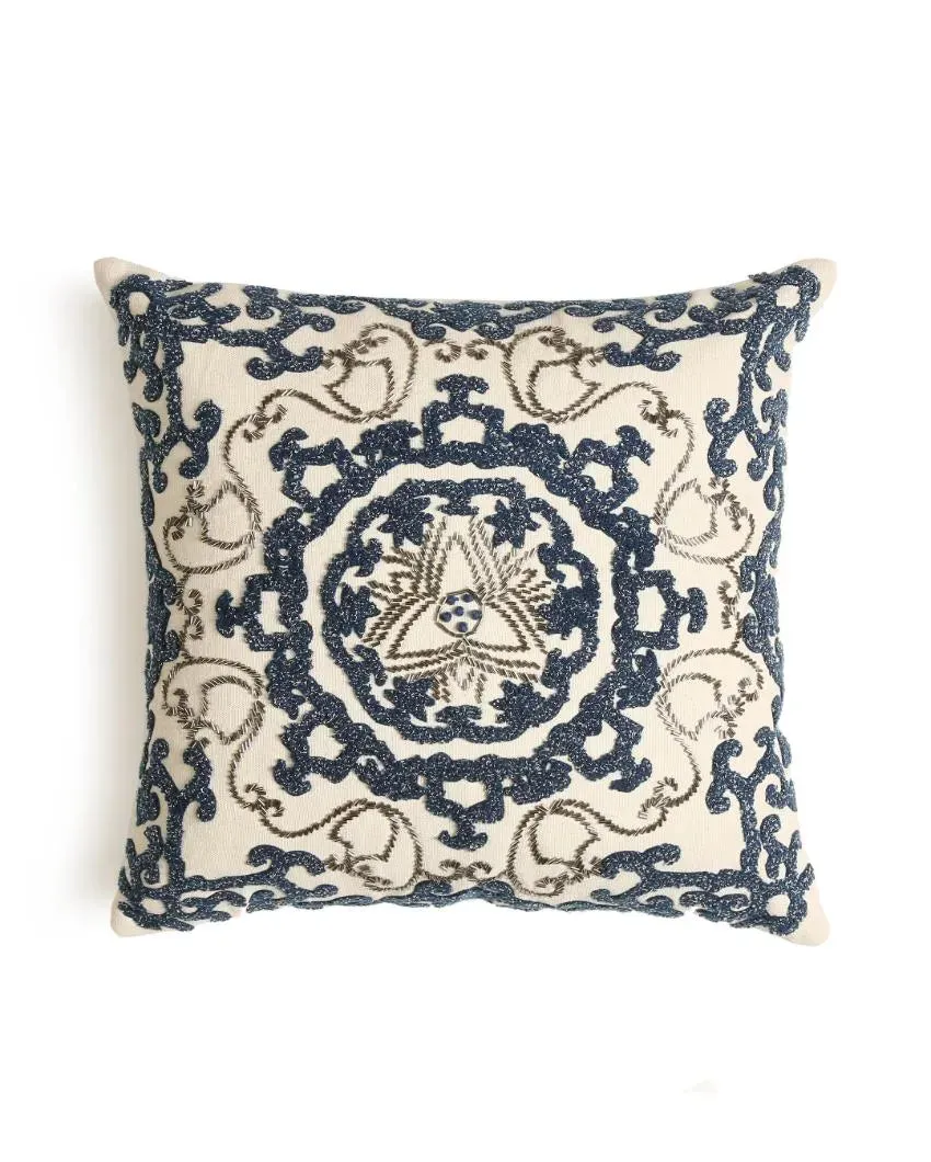 Ivory & Blue Embroidered & Embellished Cushion Cover | 16 x 16 inches