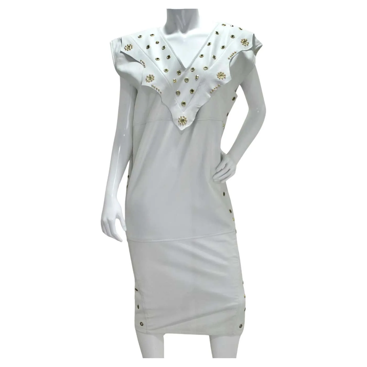 Jacques Lelong 1980s White Leather Studded Dress