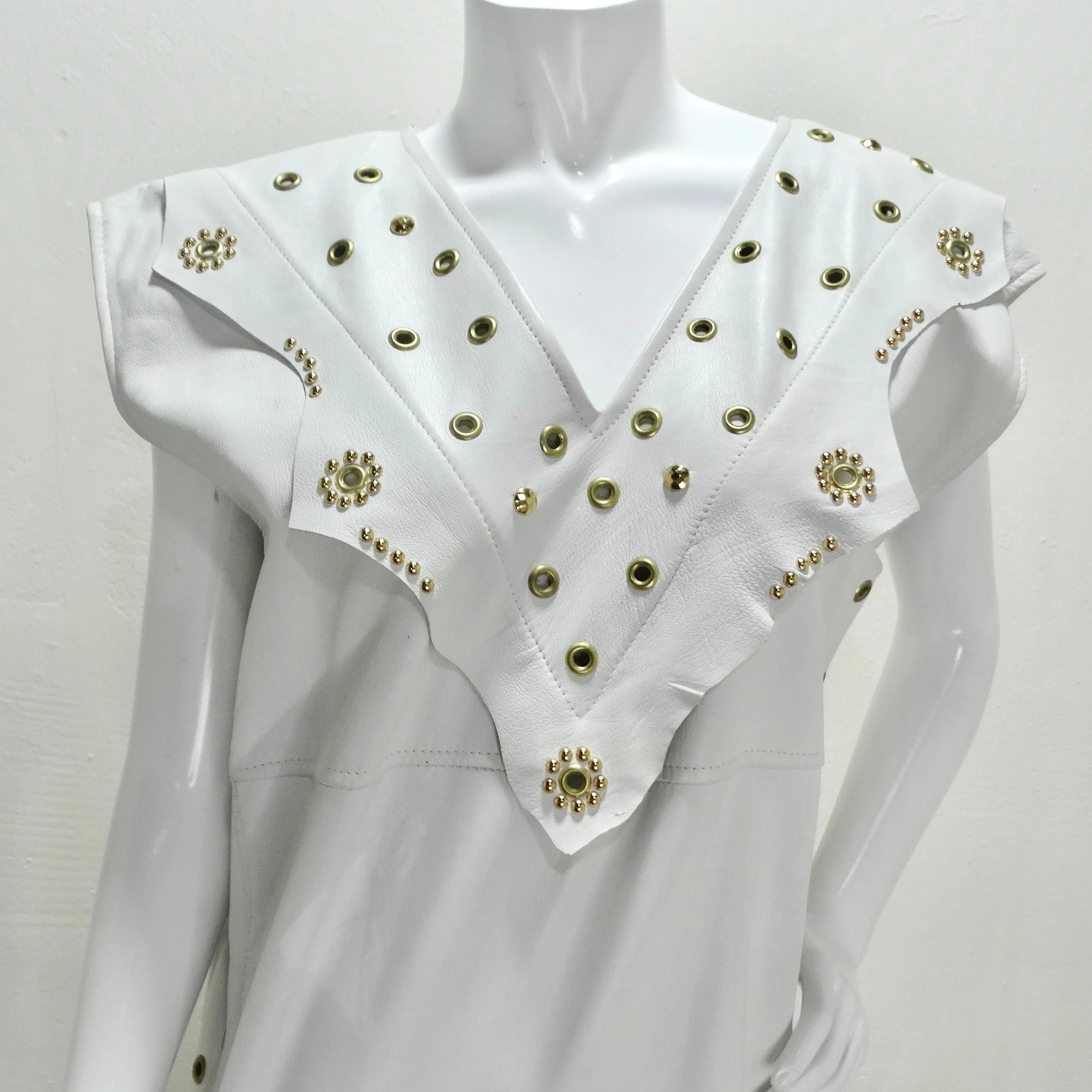 Jacques Lelong 1980s White Leather Studded Dress