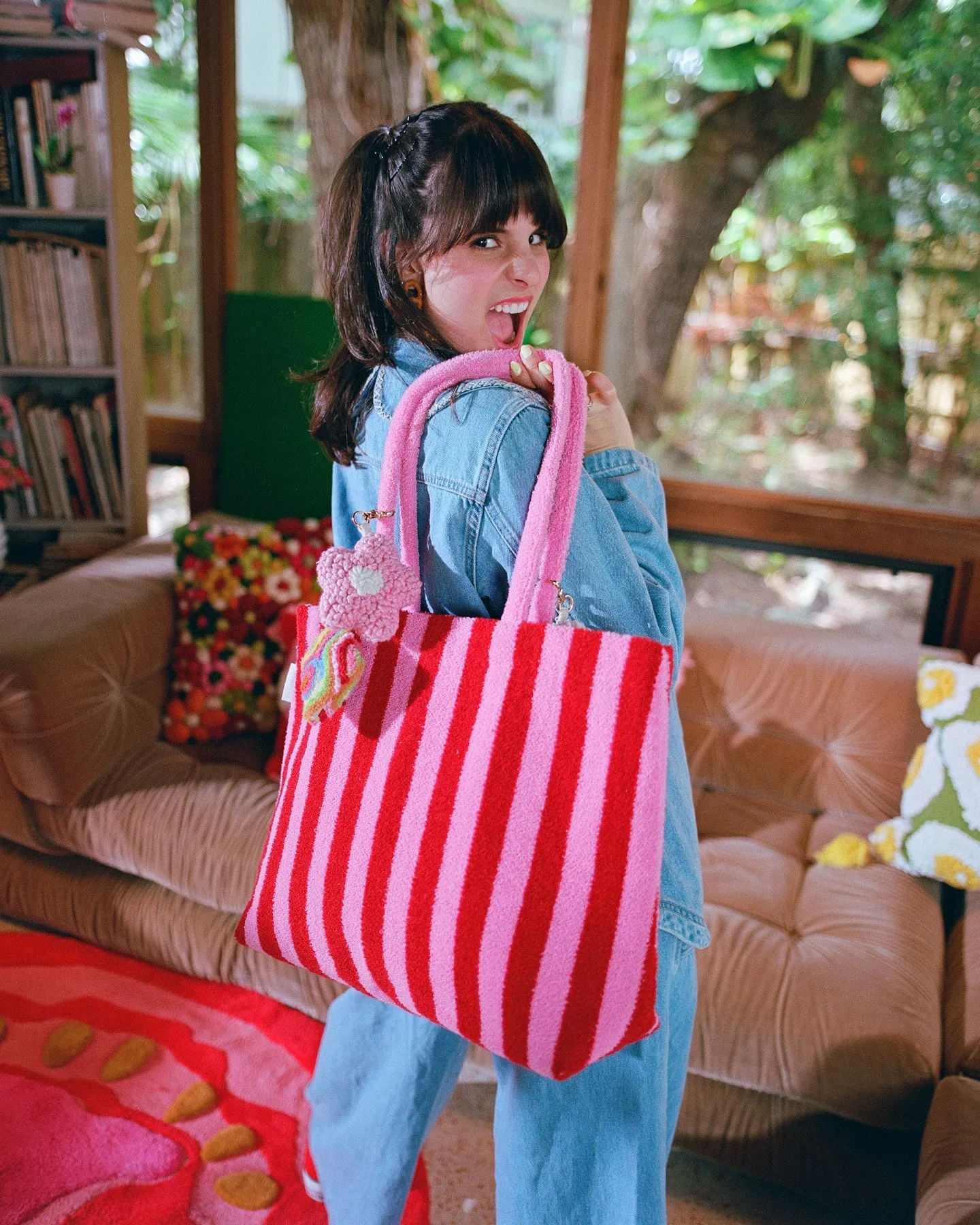 Lovers Striped Embroidered Tote Bag