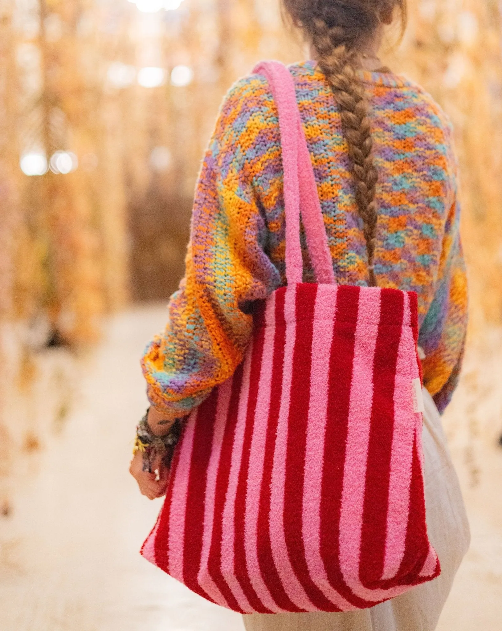 Lovers Striped Embroidered Tote Bag