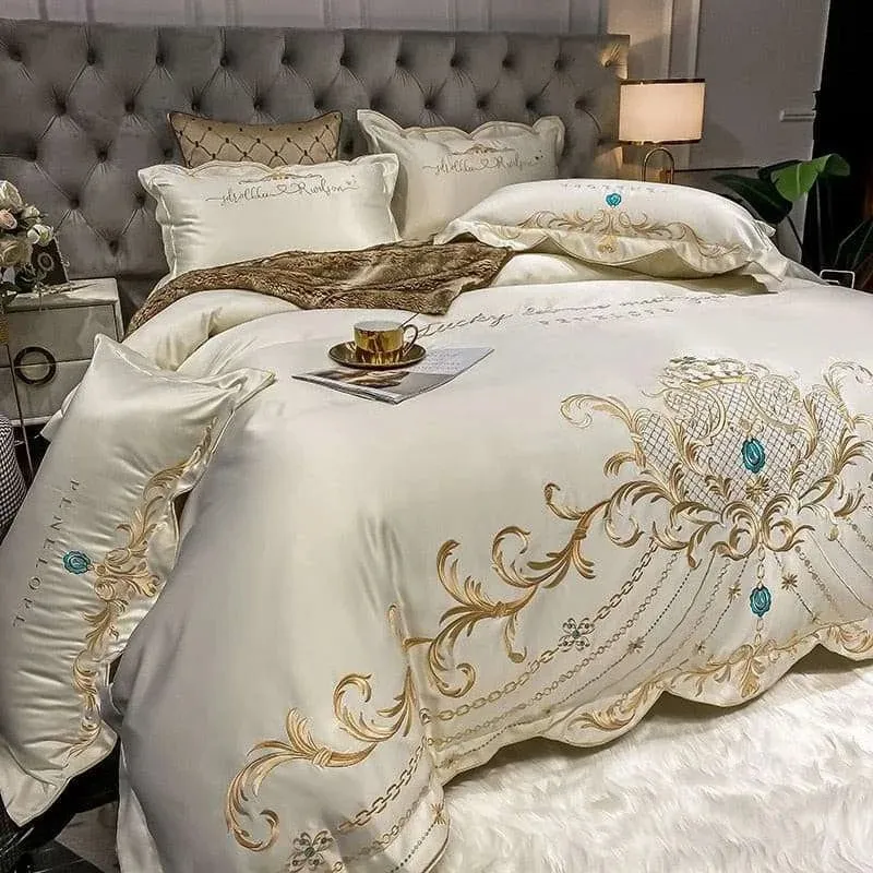 Luxury Gold Royal Embroidery Satin Duvet Cover Set