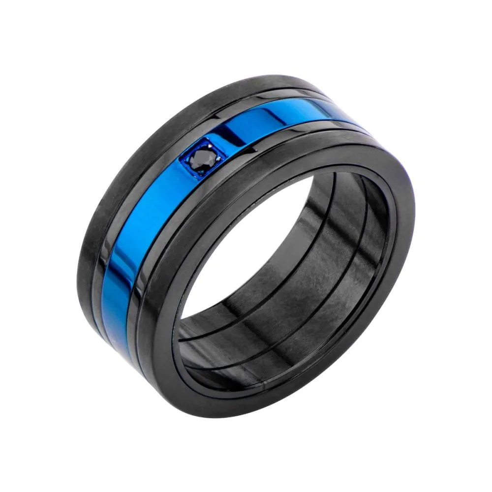 Matte Black & Blue IP w/ Black CZ Ring