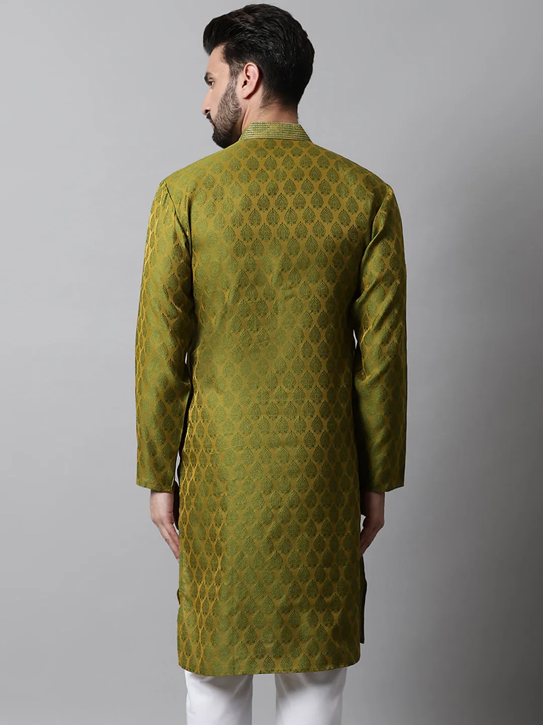 Men Olive Green And White Woven Design Kurtas