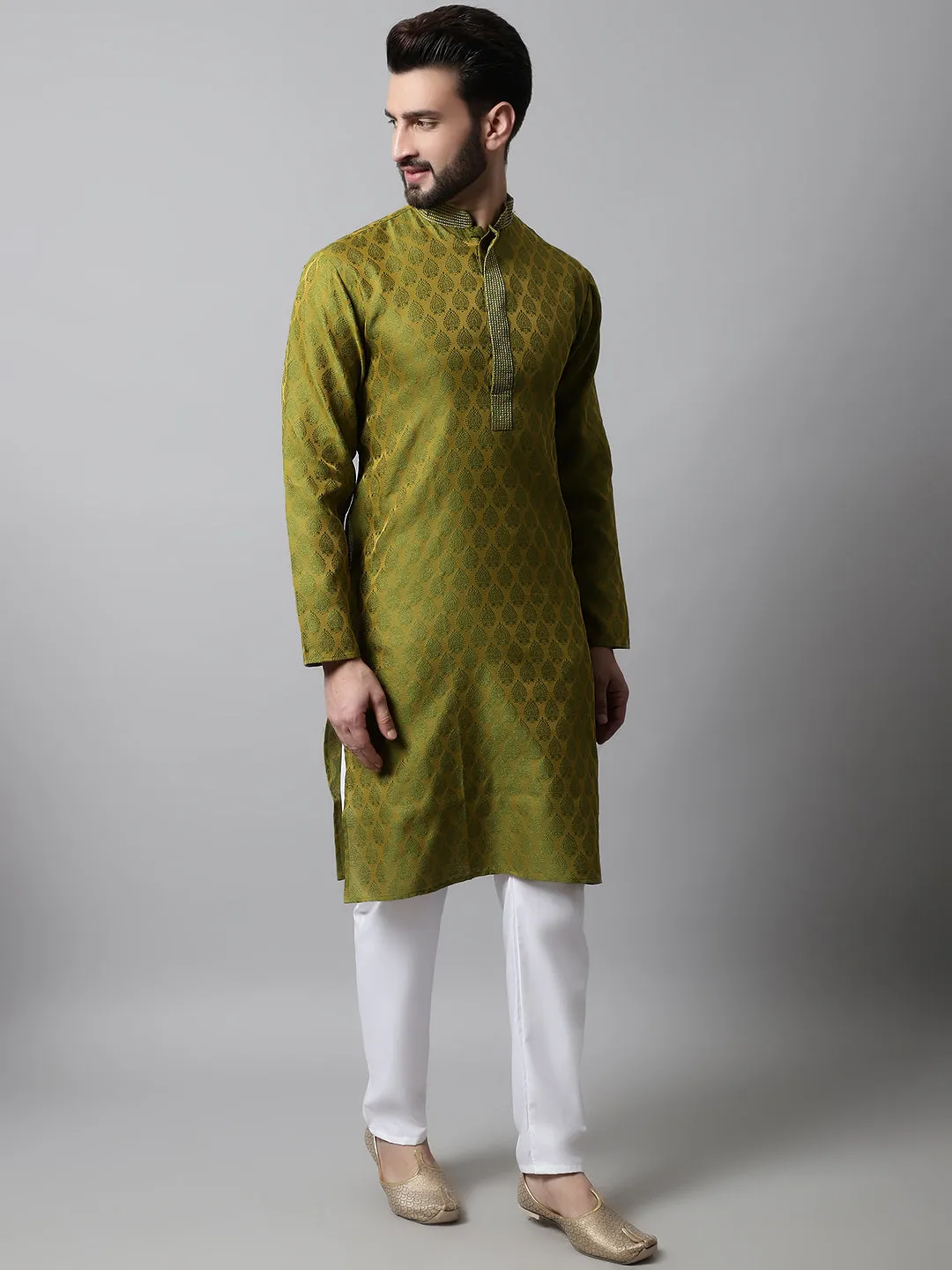 Men Olive Green And White Woven Design Kurtas