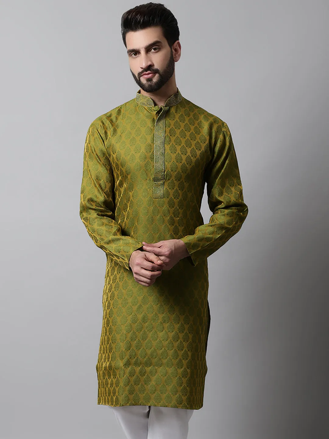 Men Olive Green And White Woven Design Kurtas
