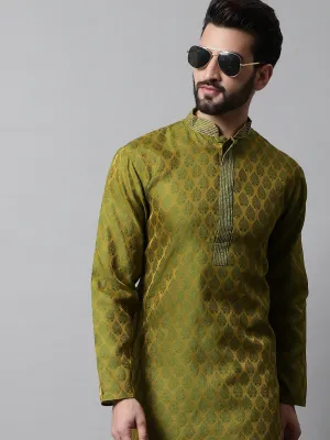 Men Olive Green And White Woven Design Kurtas