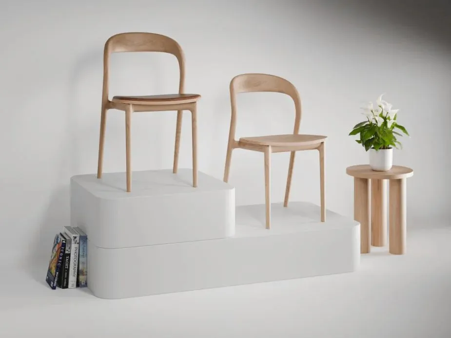 Mia Chair - Natural with Pad - Vintage Grey Vegan Leather Seat Pad