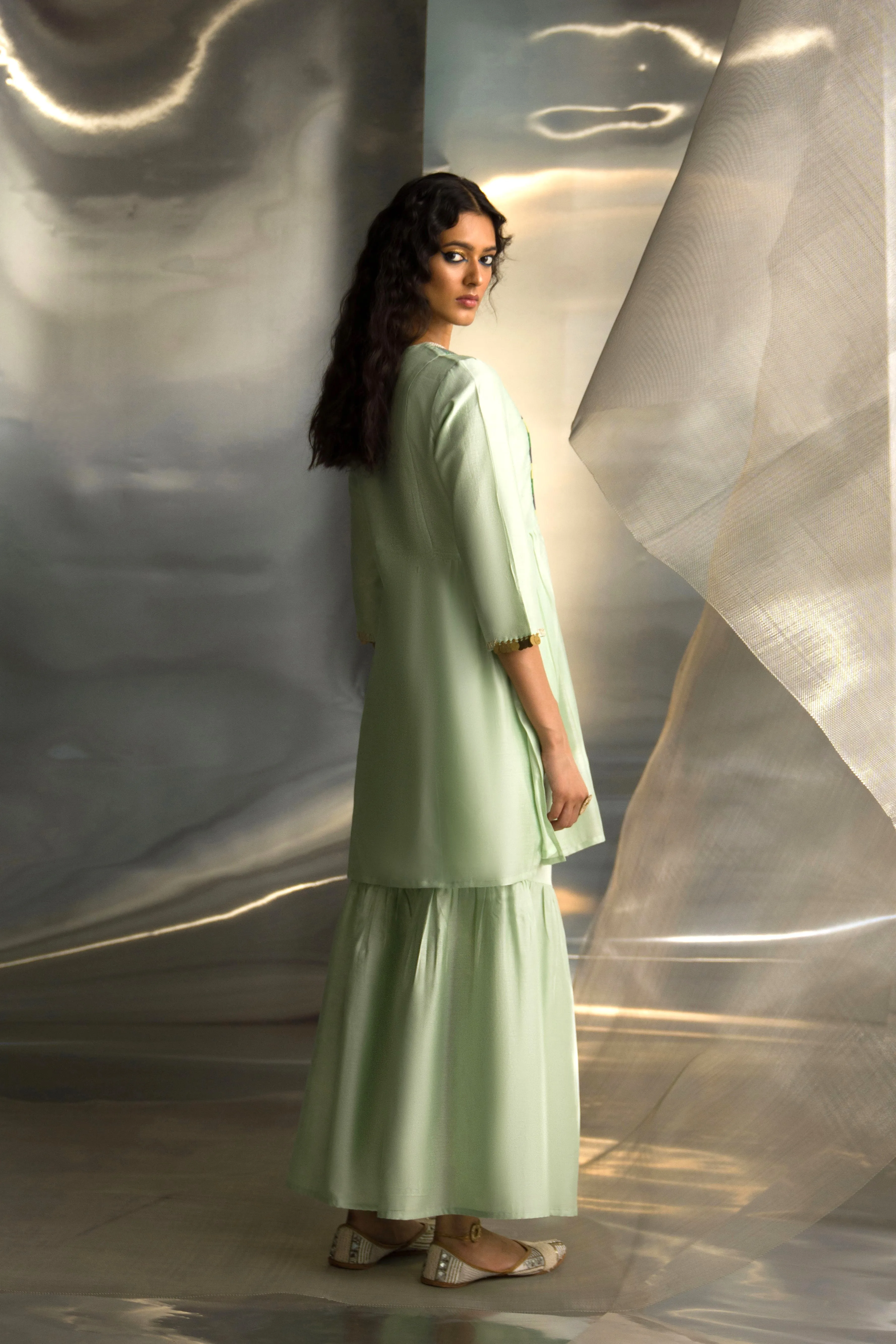 Mint Green Embroidered Sharara Set (2 Dupatta Options)